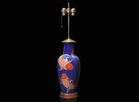 A Chinese blue ground "Carp" vase, now mounted as a lamp 藍地錦鯉瓶嵌檯燈