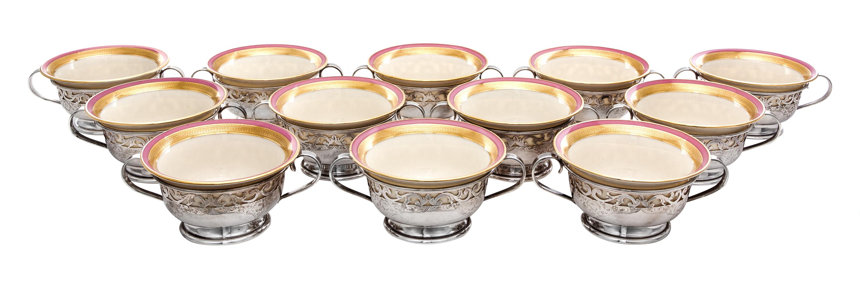A Set of Twelve American Silver-Lined Porcelain Sherbet Bowls, Barbour Silver Co., Hartford, CT, each fitted with a Lenox porcelain bow