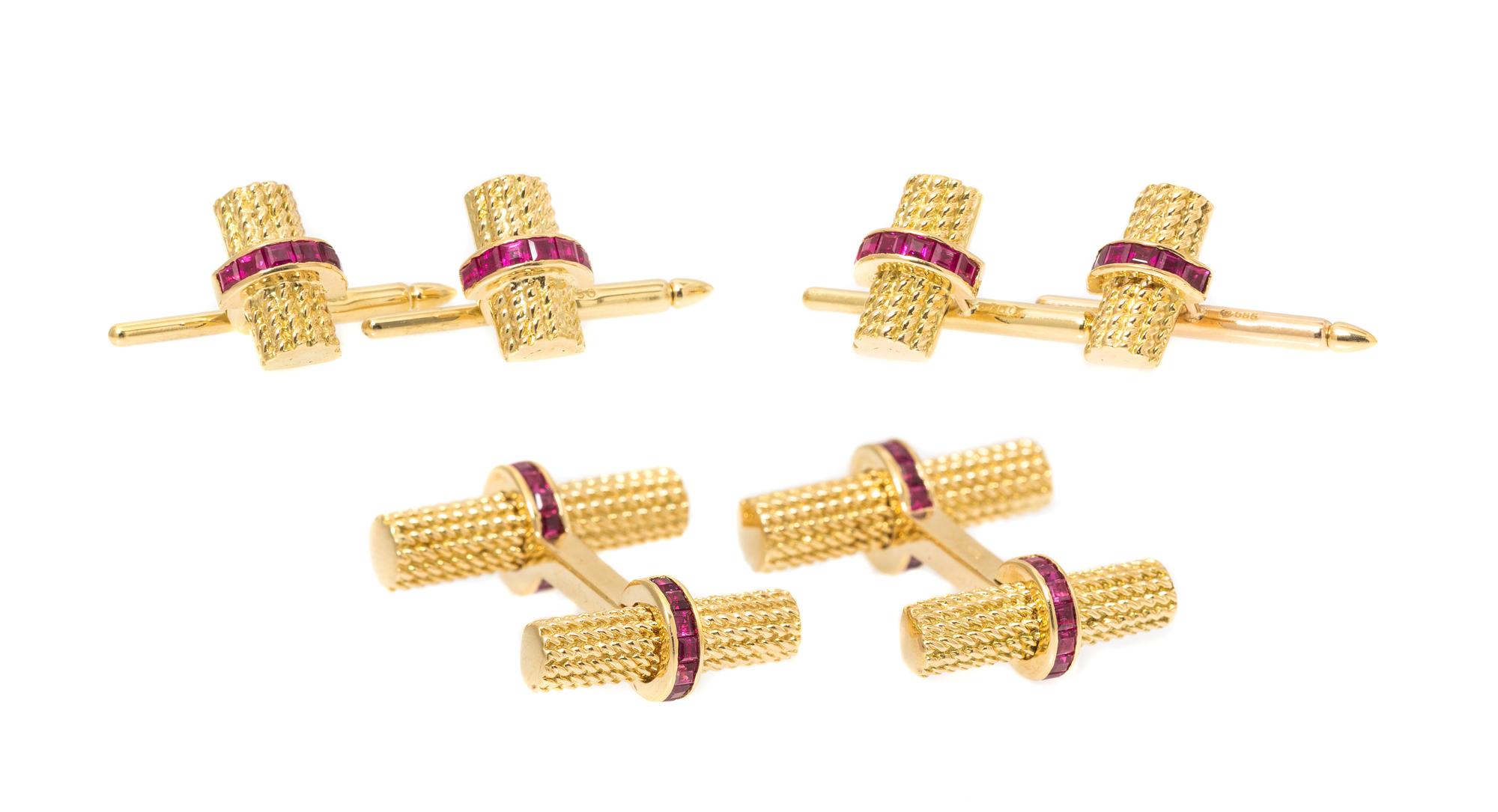 An 18 Karat Yellow Gold and Ruby Dress Set, Tiffany & Co., 22.60 dwts.