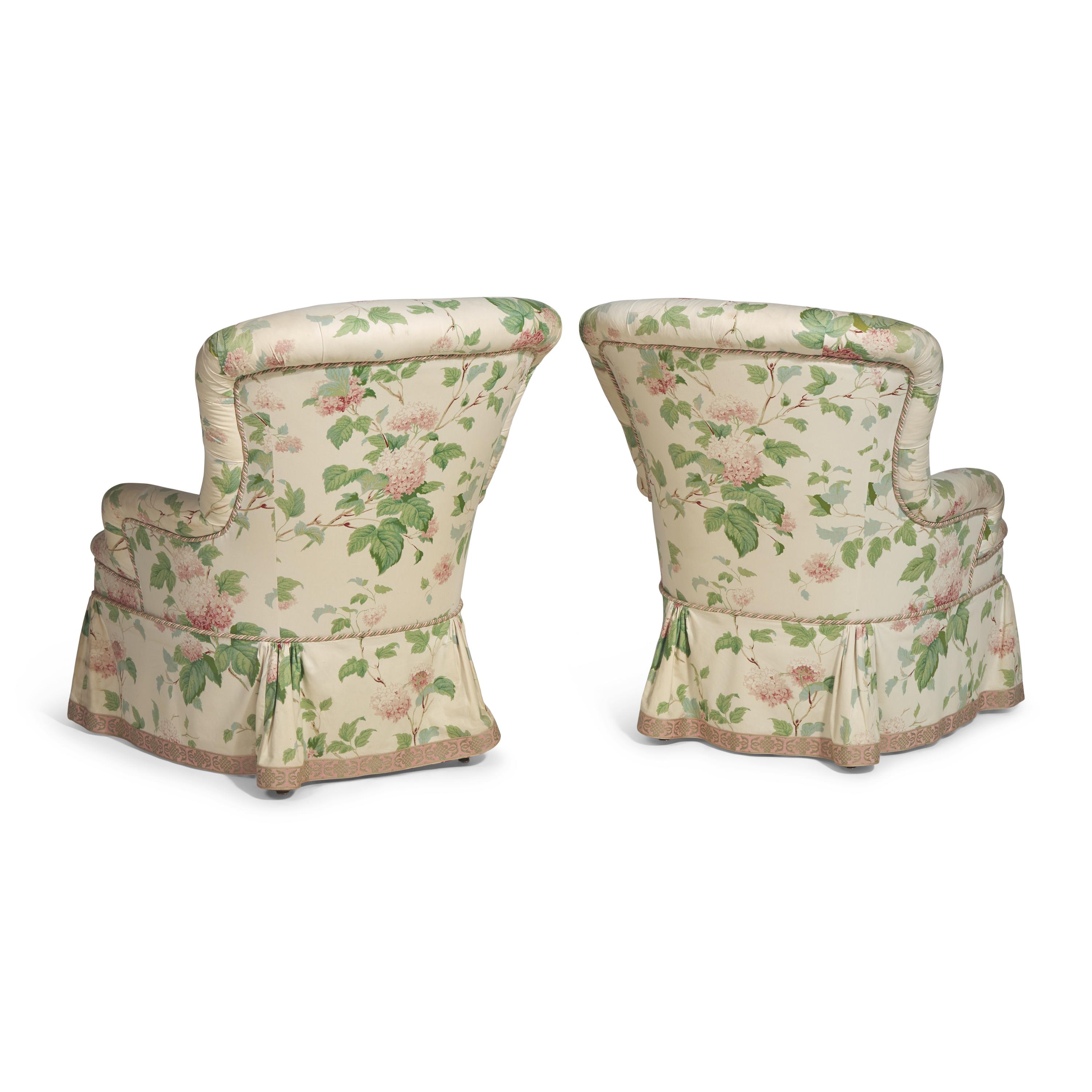 A Pair of Chintz Upholstered and Tufted Slipper Chairs