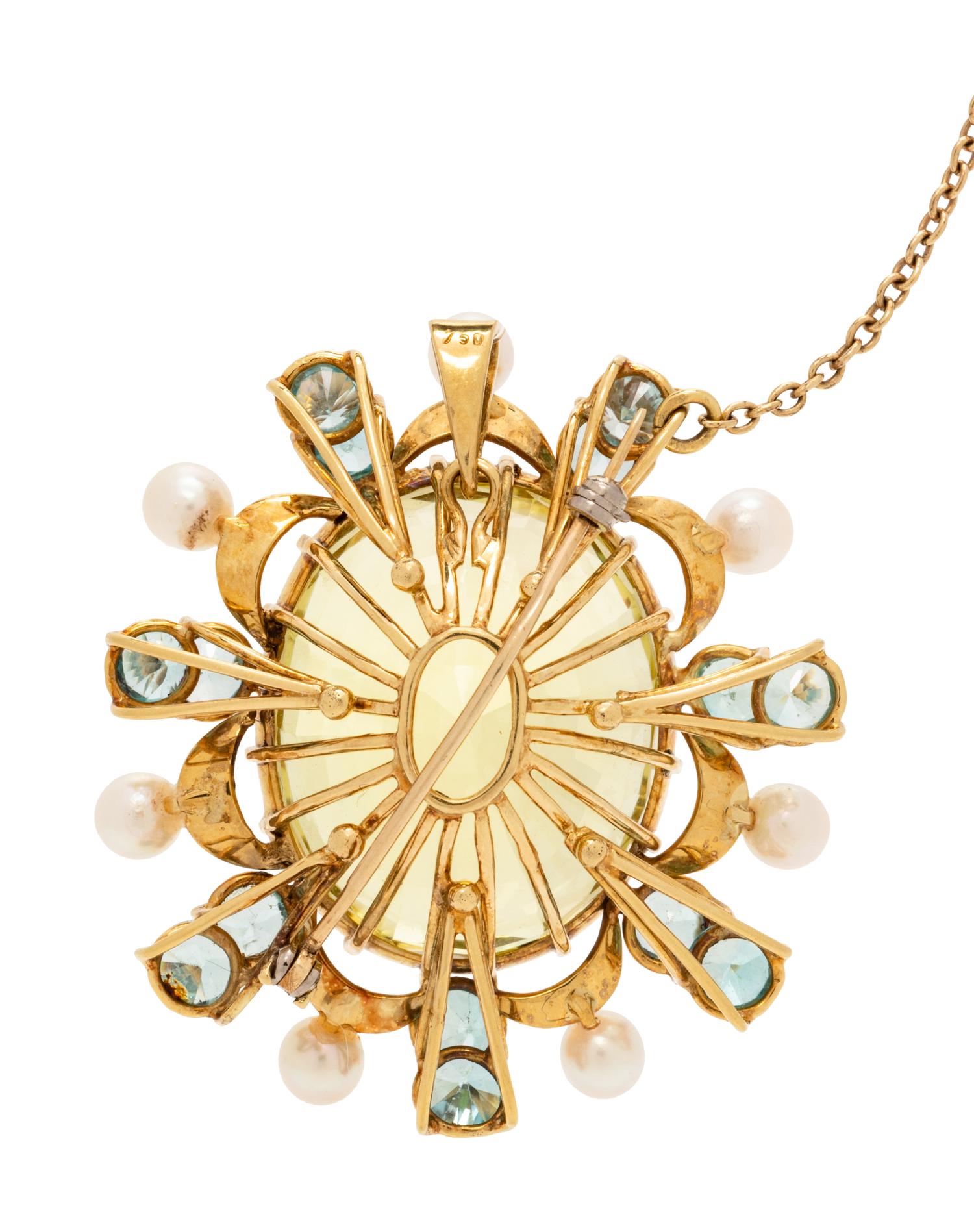 YELLOW QUARTZ, ZIRCON AND CULTURED PEARL PENDANT/BROOCH