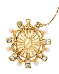 YELLOW QUARTZ, ZIRCON AND CULTURED PEARL PENDANT/BROOCH