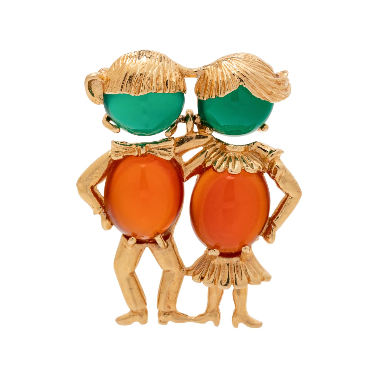 YELLOW GOLD AND GEMSTONE FIGURE BROOCH