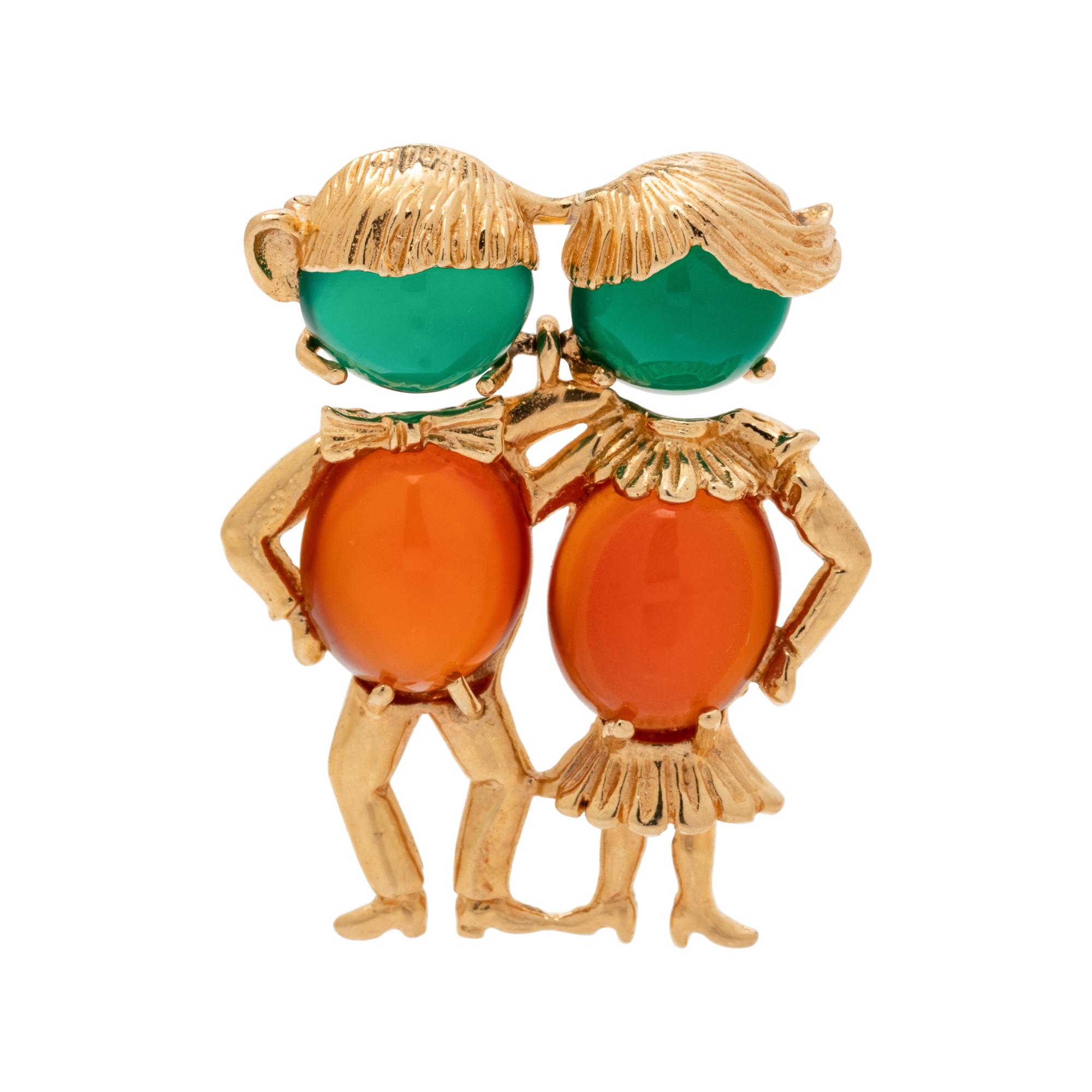 YELLOW GOLD AND GEMSTONE FIGURE BROOCH