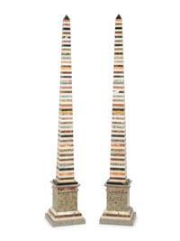 A Pair of Monumental Italian Grand Tour Style Vari-Color Marble Obelisks