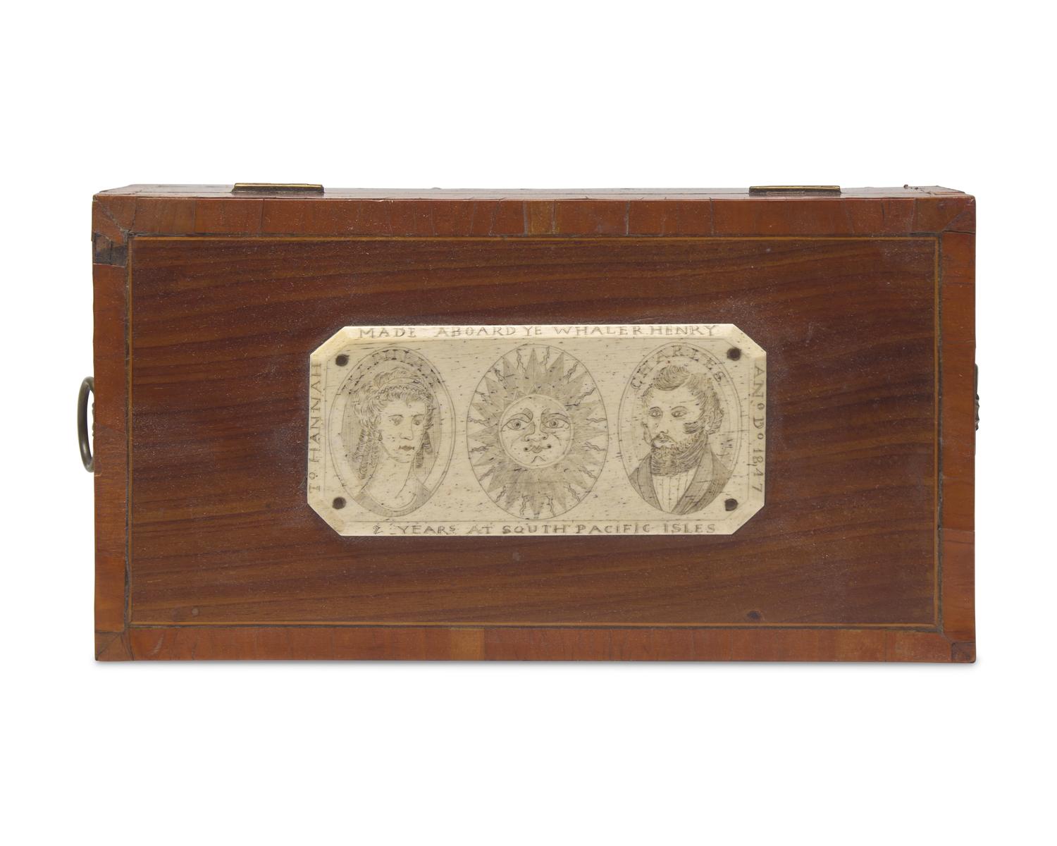 A Scrimshaw-Mounted and Inlaid Mahogany Tea Caddy