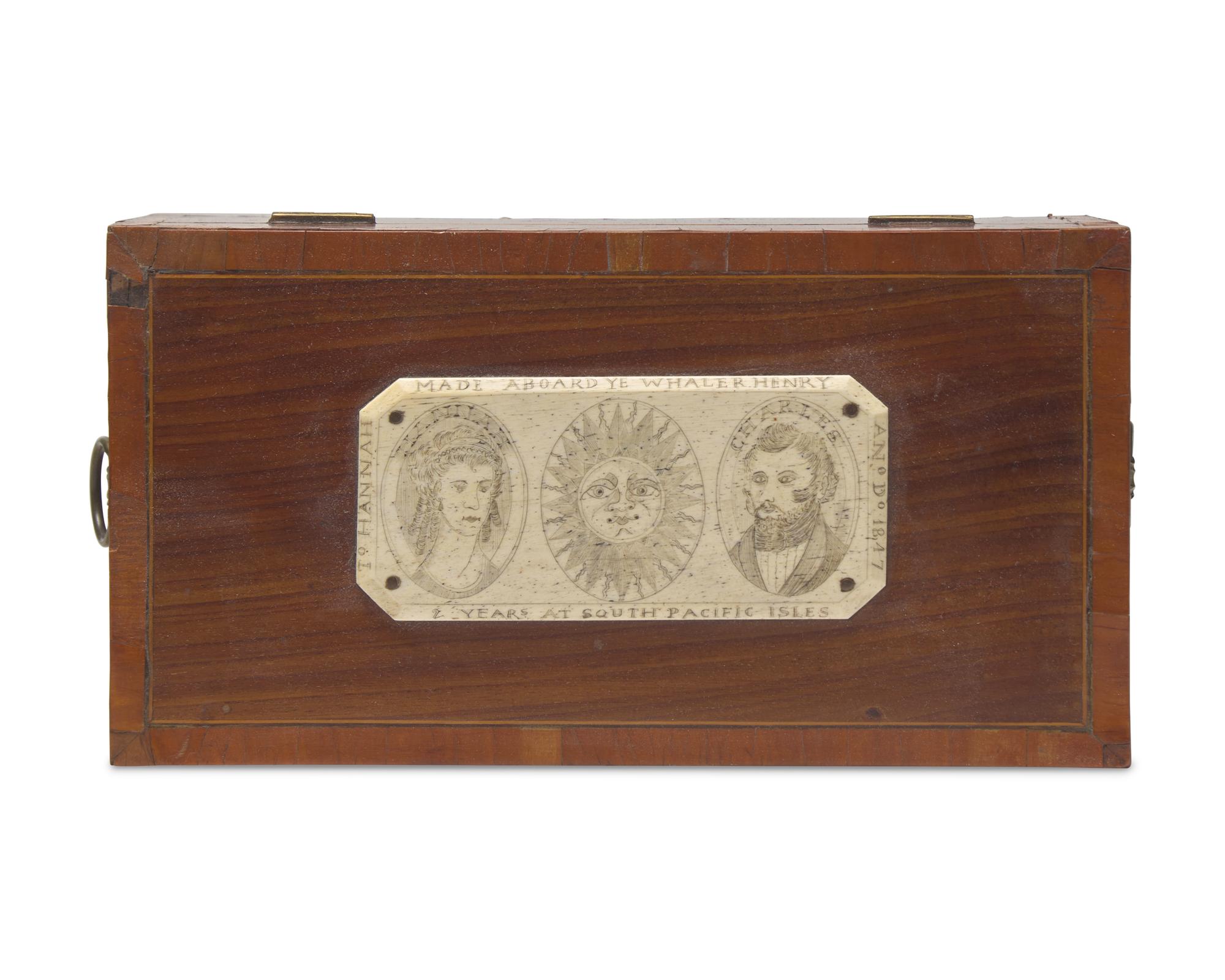 A Scrimshaw-Mounted and Inlaid Mahogany Tea Caddy