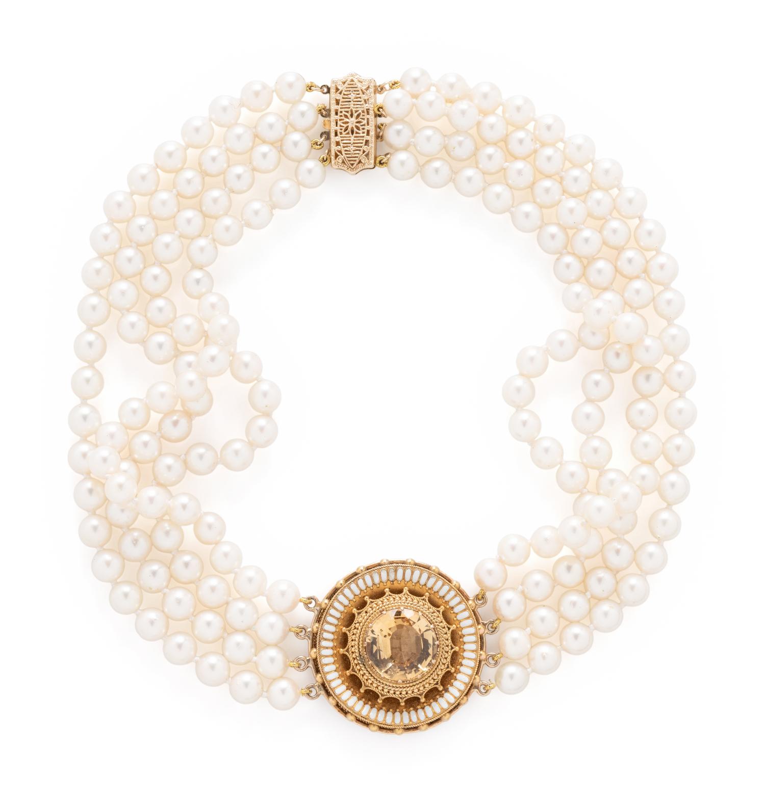 MULTISTRAND CULTURED PEARL, TOPAZ, AND ENAMEL NECKLACE