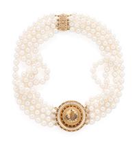 MULTISTRAND CULTURED PEARL, TOPAZ, AND ENAMEL NECKLACE