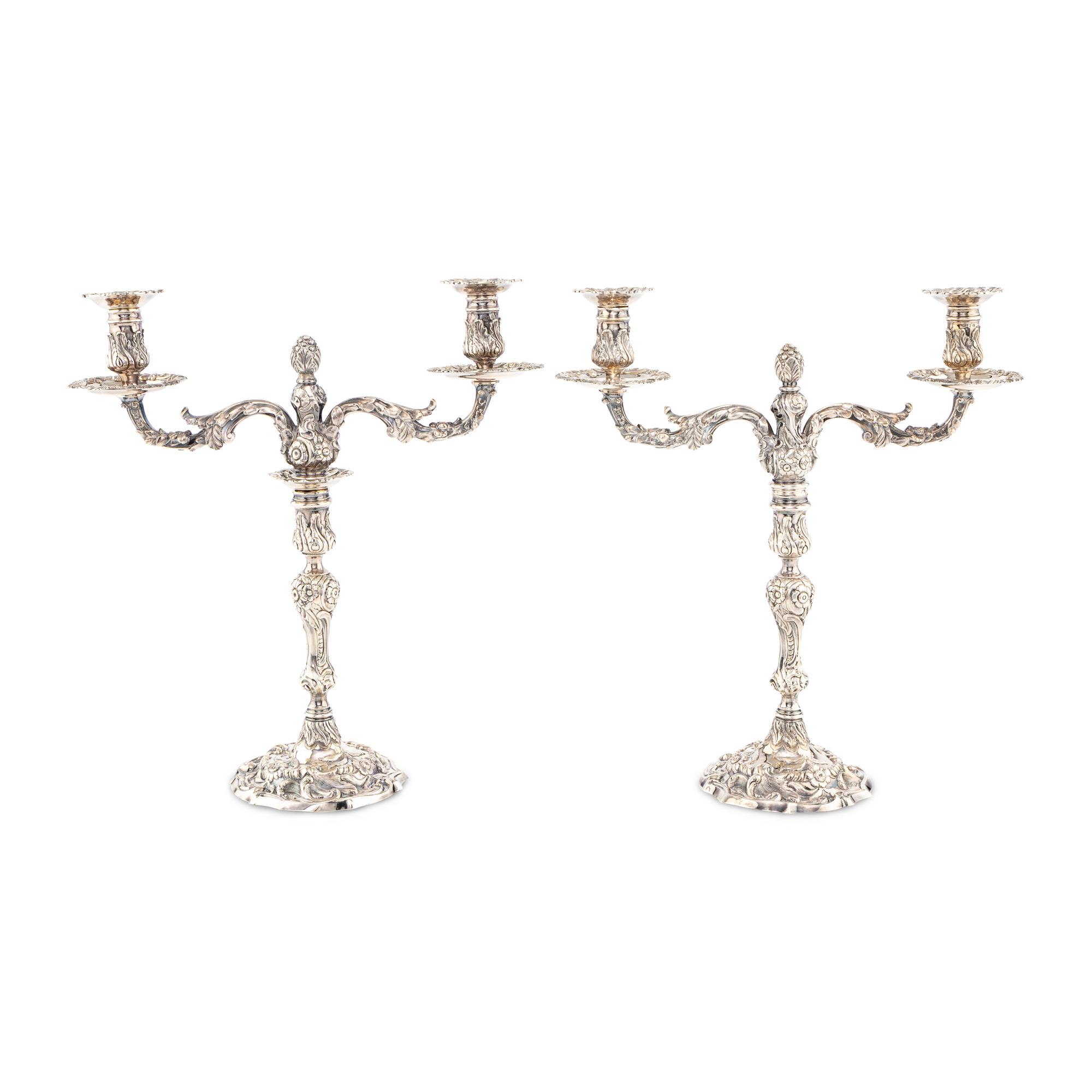 A Pair of George III Silver Two-Light Candelabra