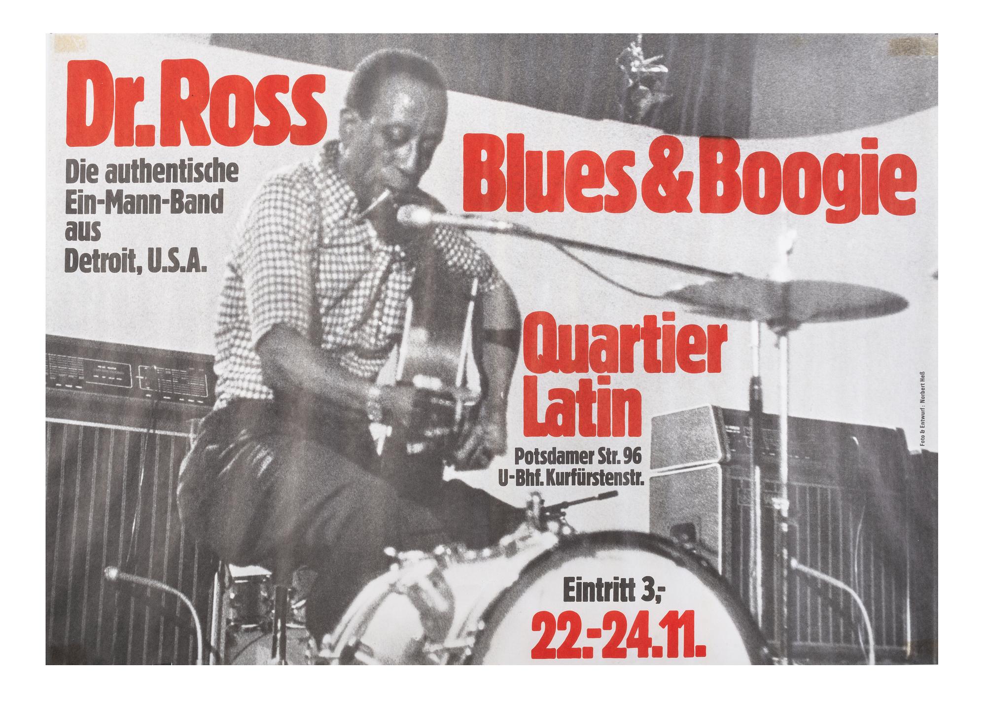 [MUSIC]. A group of 4 posters promoting blues acts and festivals, incl. Luther Allison, Dr. Ross, and various performers at the Detroit and Wisconsin Delta Blues Festivals.