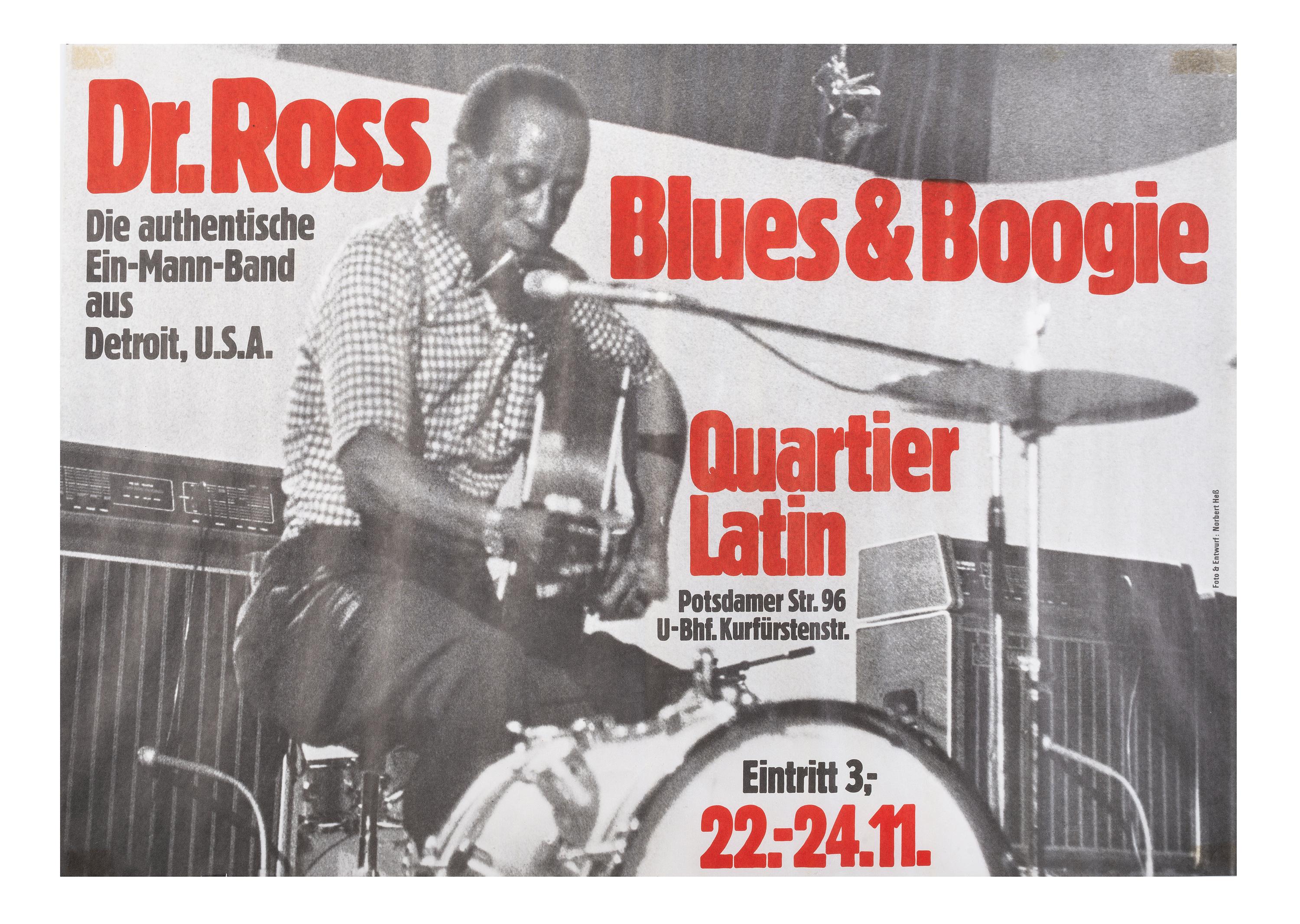 [MUSIC]. A group of 4 posters promoting blues acts and festivals, incl. Luther Allison, Dr. Ross, and various performers at the Detroit and Wisconsin Delta Blues Festivals.