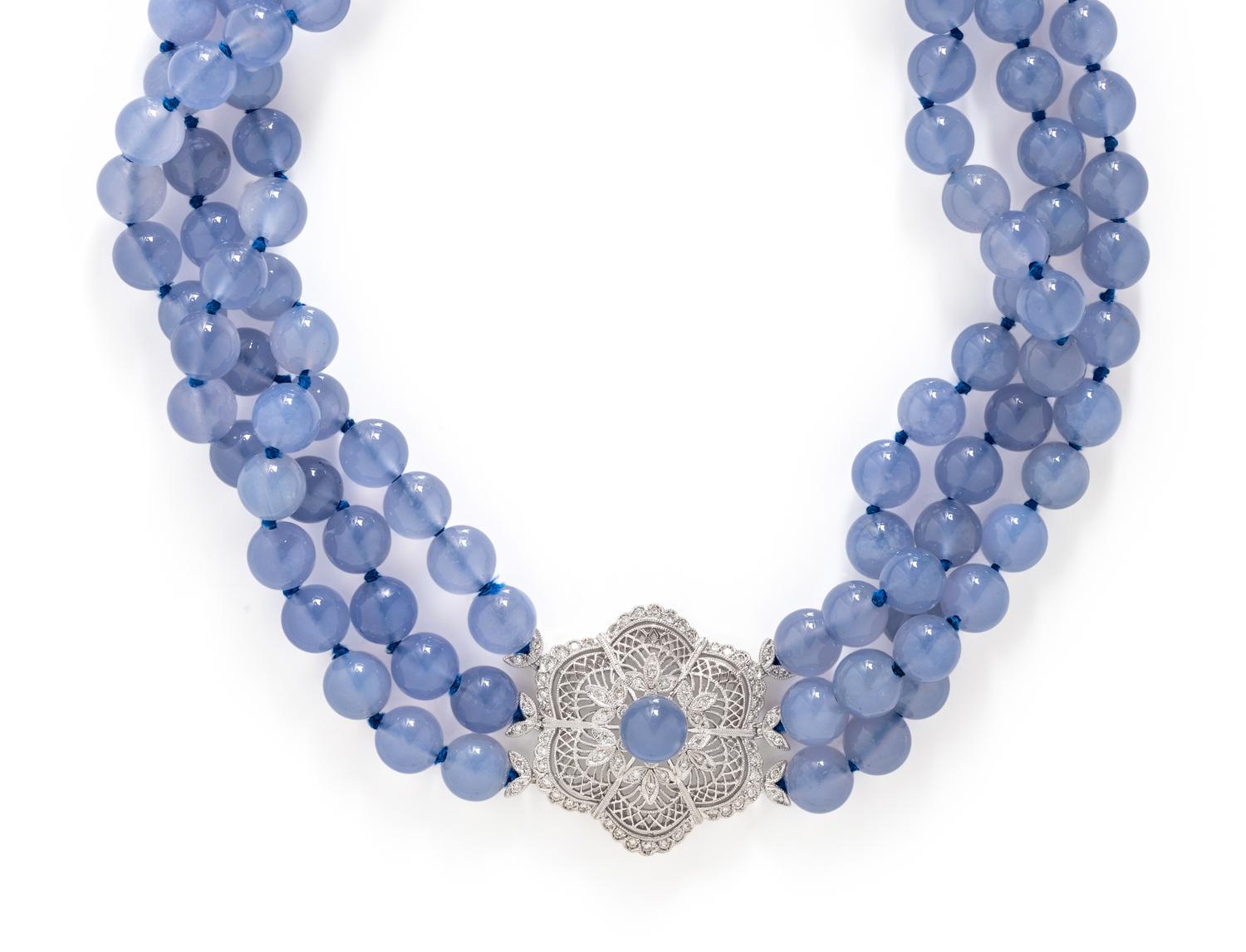 WHITE GOLD, CHALCEDONY AND DIAMOND MULTISTRAND BEAD NECKLACE