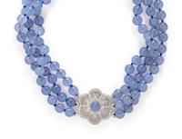 WHITE GOLD, CHALCEDONY AND DIAMOND MULTISTRAND BEAD NECKLACE
