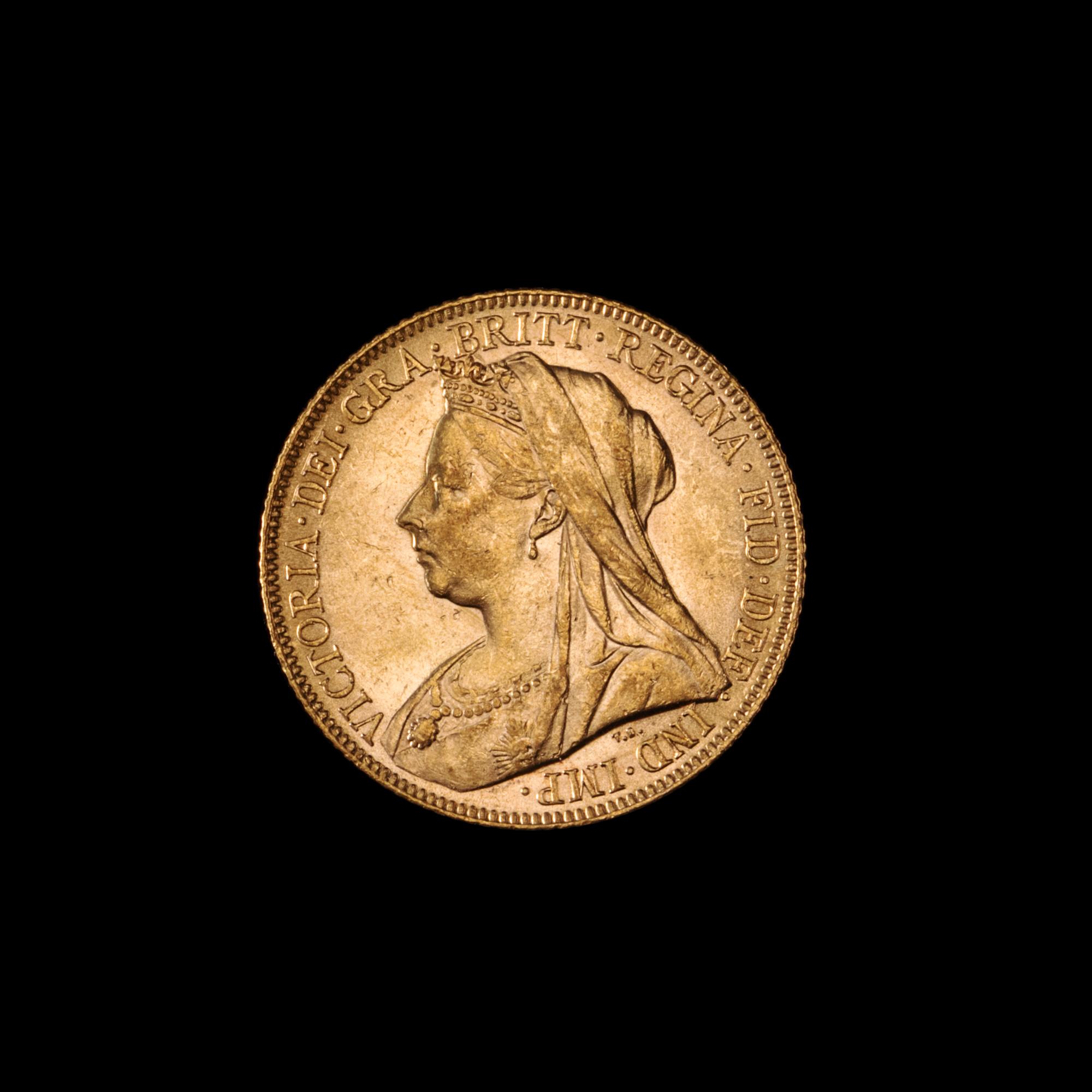 A United Kingdom 1893 Sovereign: Veiled Head-London Mint Gold Coin