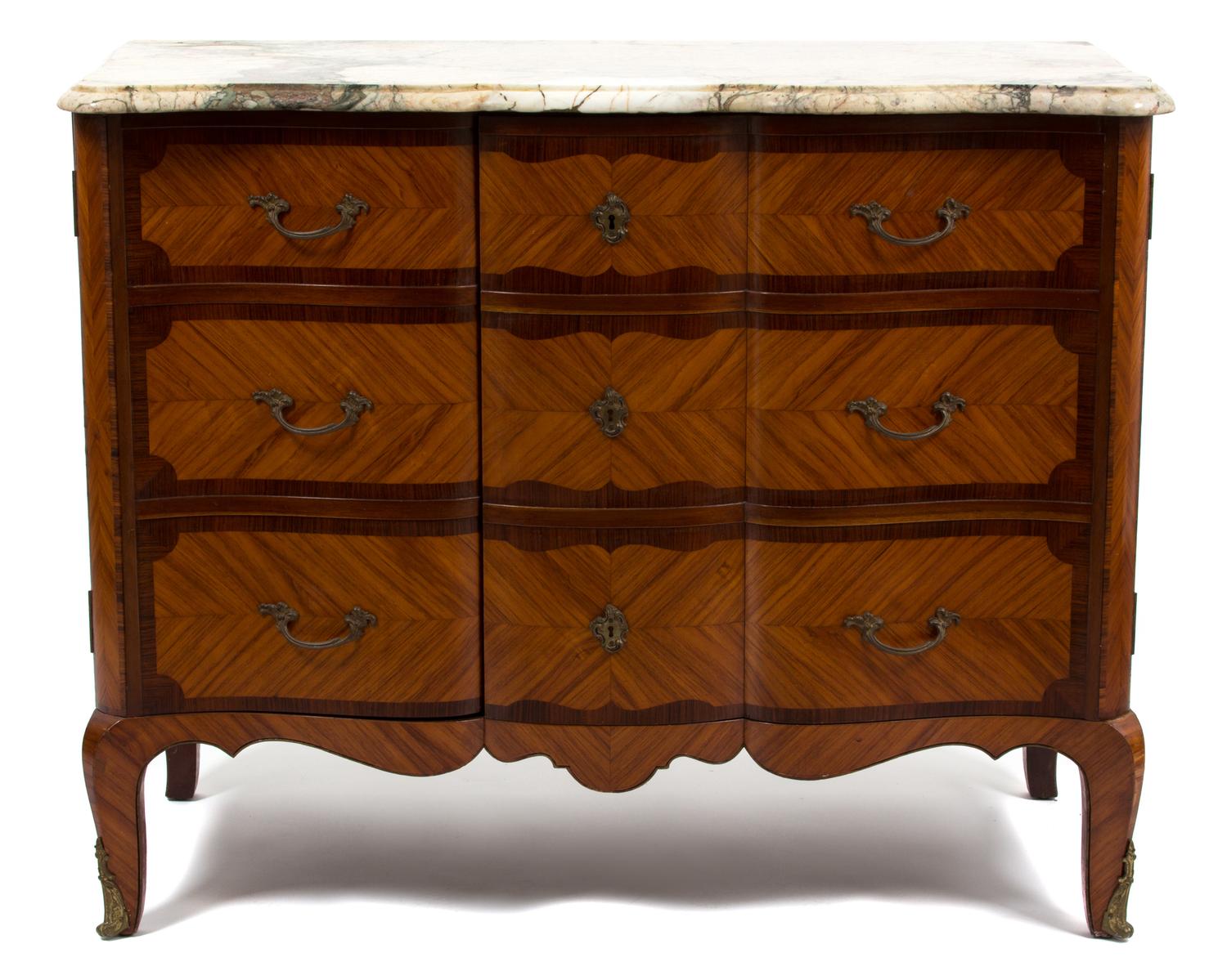 A Louis XVI Style Inlaid Mahogany Serpentine Cabinet Height 34 1/4 x width 42 x depth 20 inches. — 19TH CENTURY