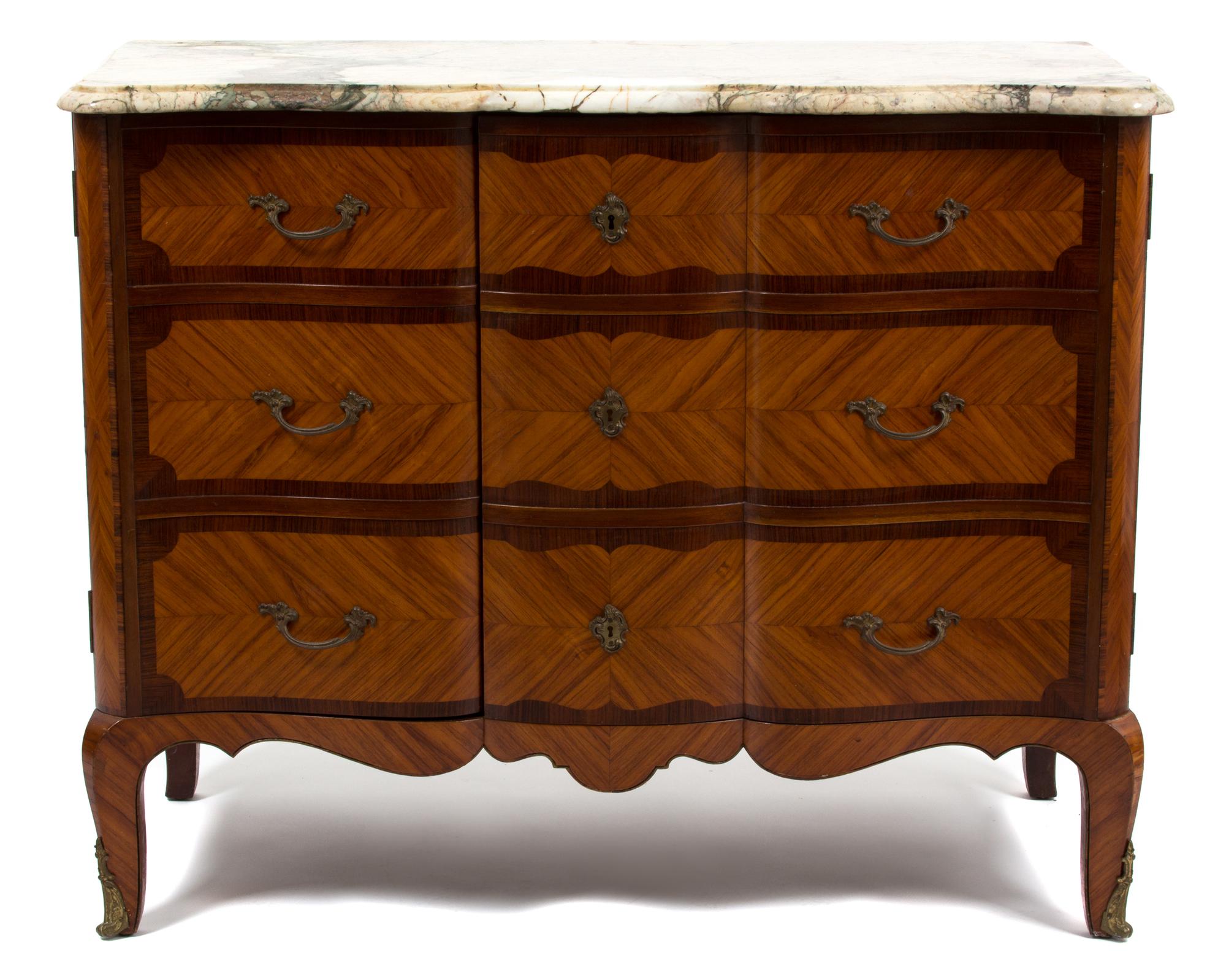 A Louis XVI Style Inlaid Mahogany Serpentine Cabinet Height 34 1/4 x width 42 x depth 20 inches. — 19TH CENTURY
