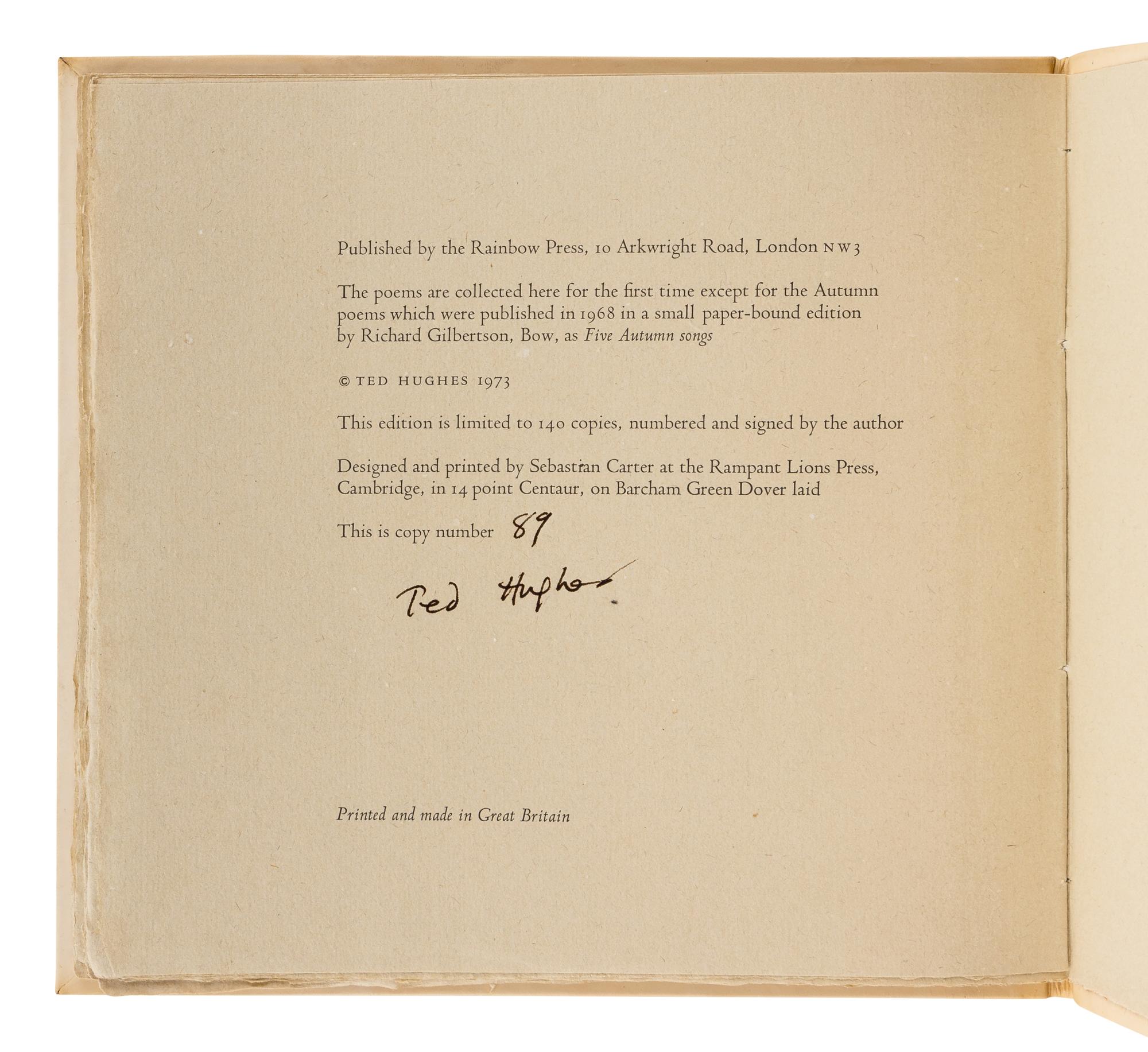 HUGHES, Ted (1930-1998). Spring Summer Autumn Winter. London: The Rainbow Press, 1973.