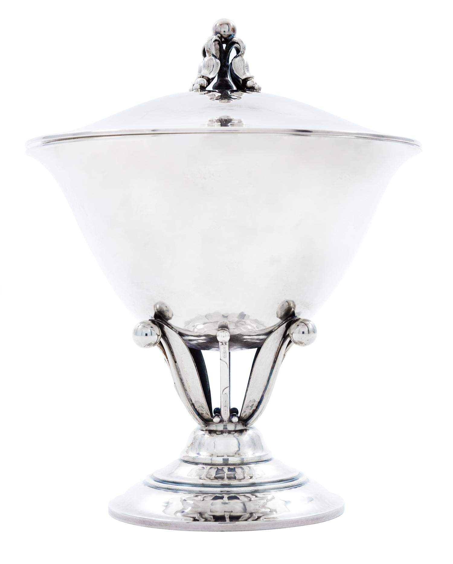 A Danish Silver Covered Compote, Georg Jensen Silversmithy, Copenhagen, Second Half 20th Century, the cover surmounted by a floral bud
