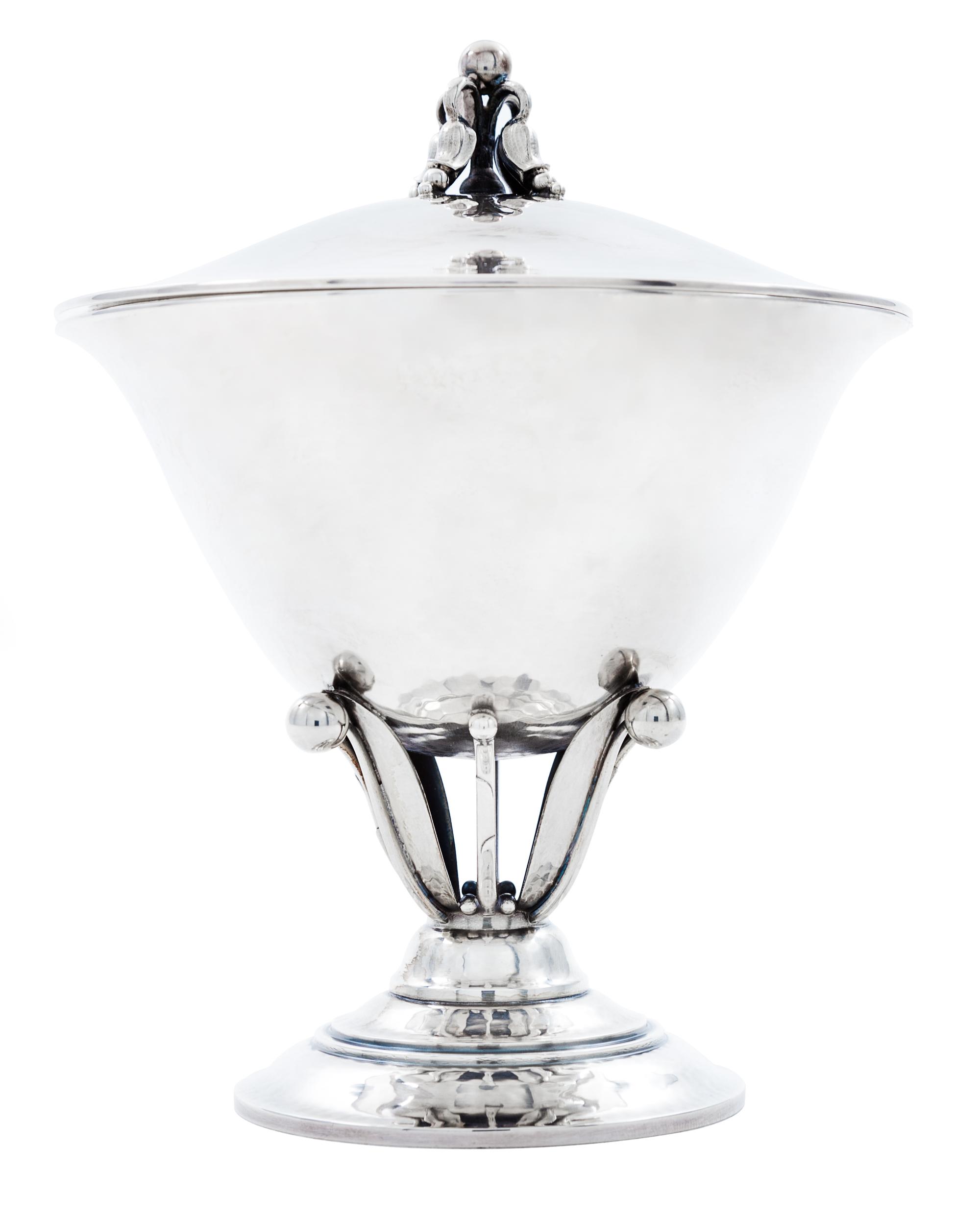 A Danish Silver Covered Compote, Georg Jensen Silversmithy, Copenhagen, Second Half 20th Century, the cover surmounted by a floral bud