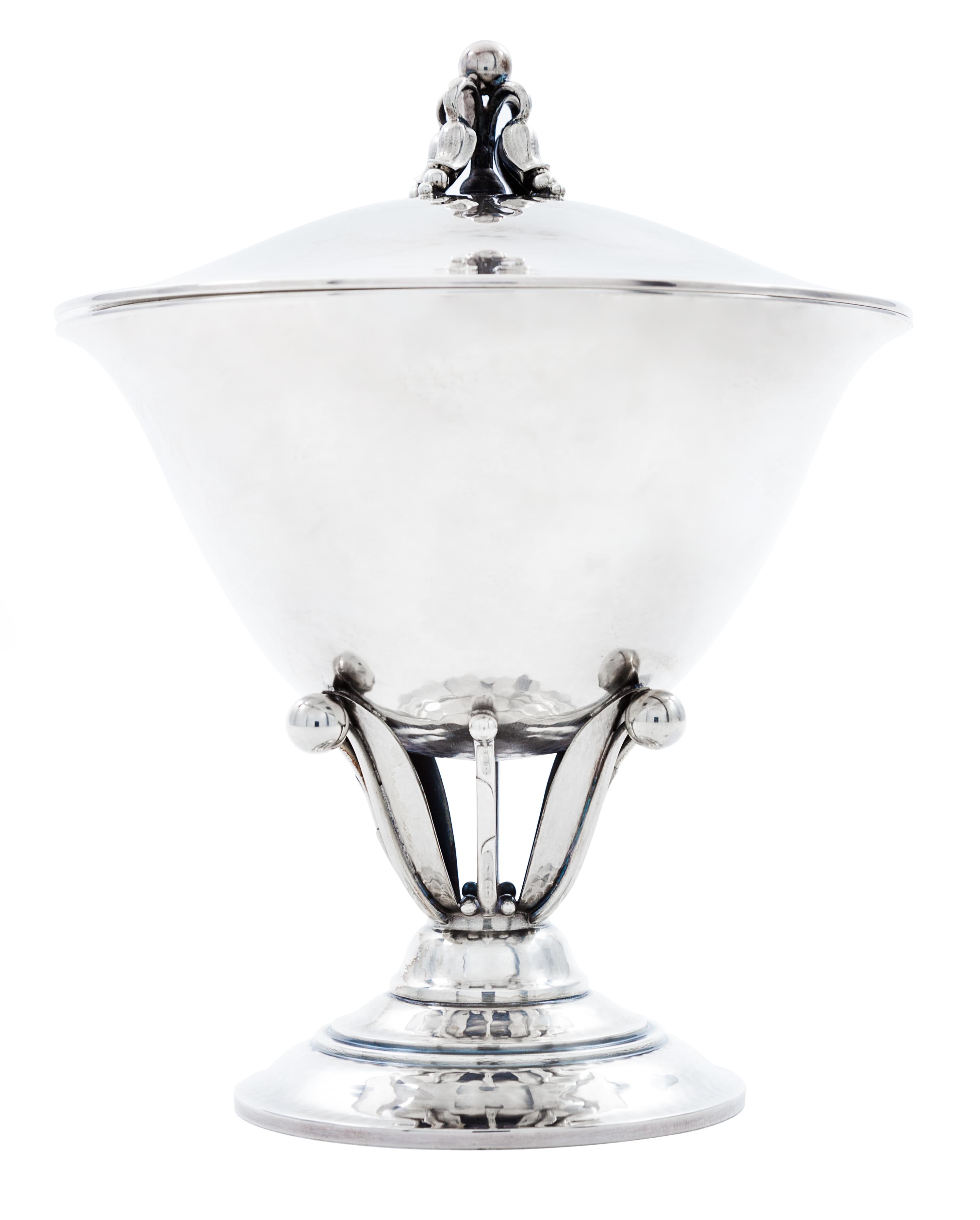 A Danish Silver Covered Compote, Georg Jensen Silversmithy, Copenhagen, Second Half 20th Century, the cover surmounted by a floral bud
