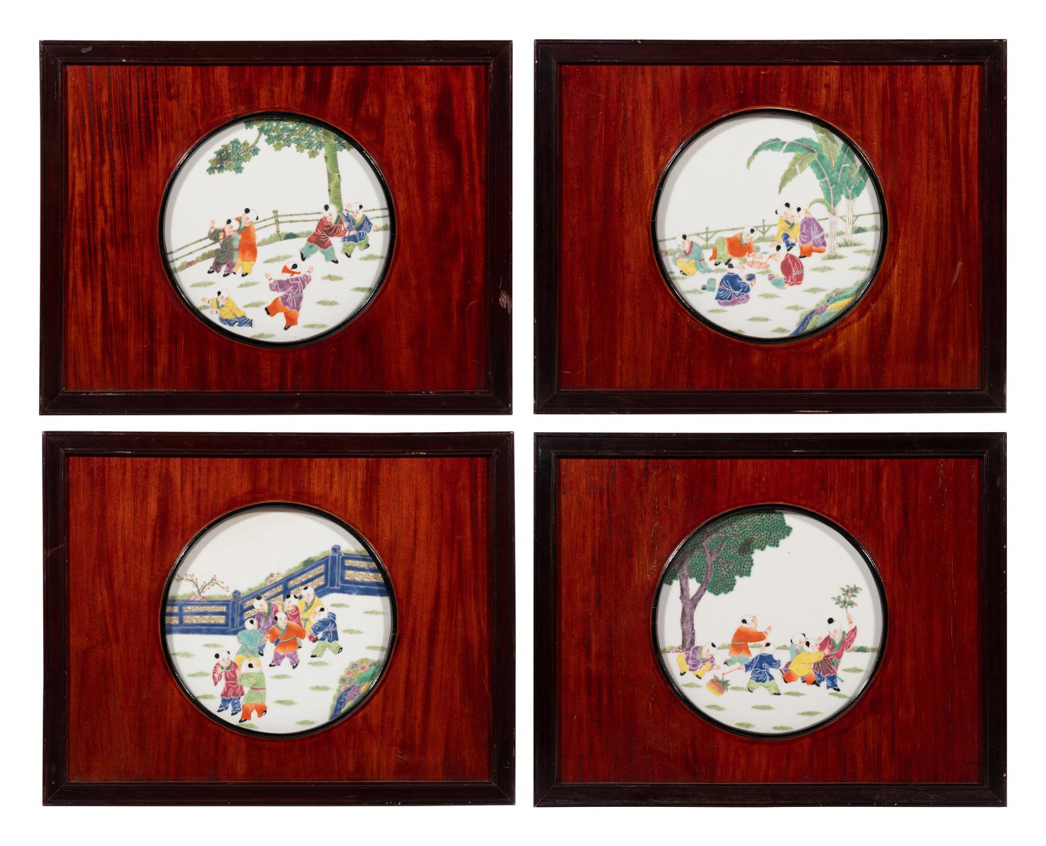 A Set of Four Chinese Famille Rose Porcelain Inset Hardwood Hanging Screens