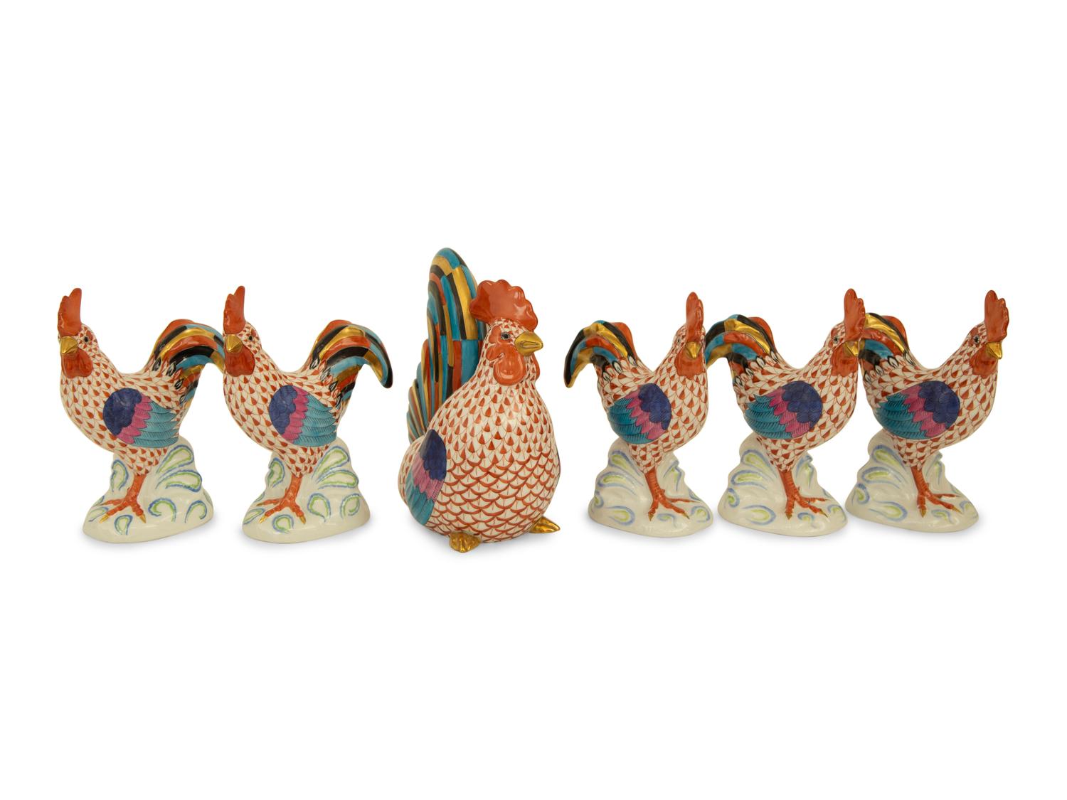 Six Herend Porcelain Rooster Figurines