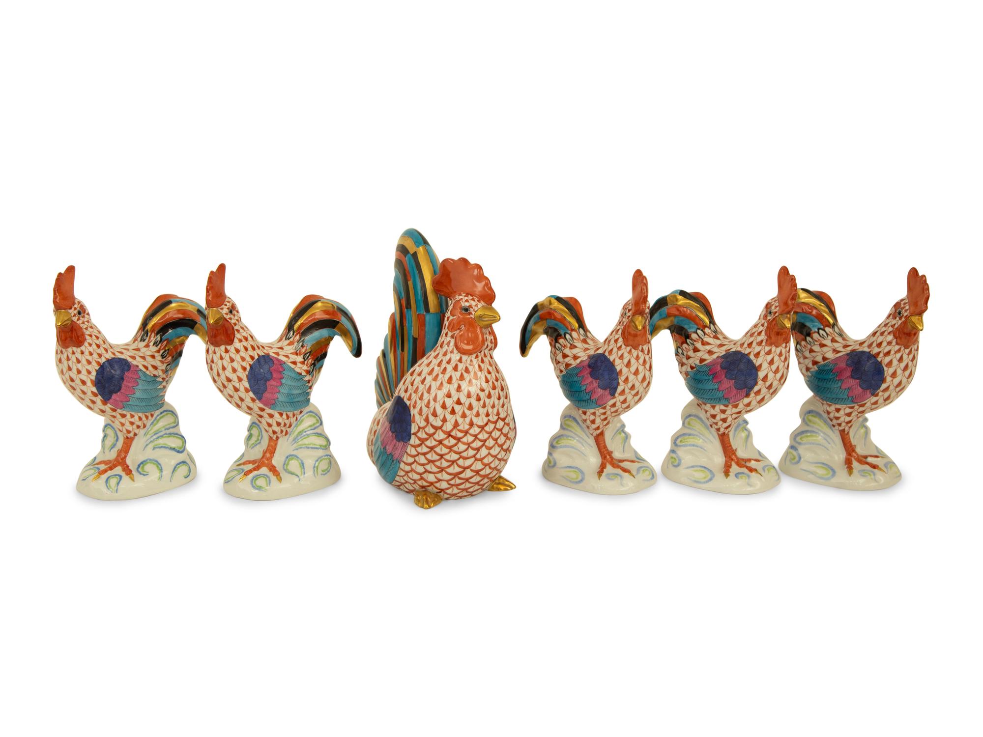 Six Herend Porcelain Rooster Figurines