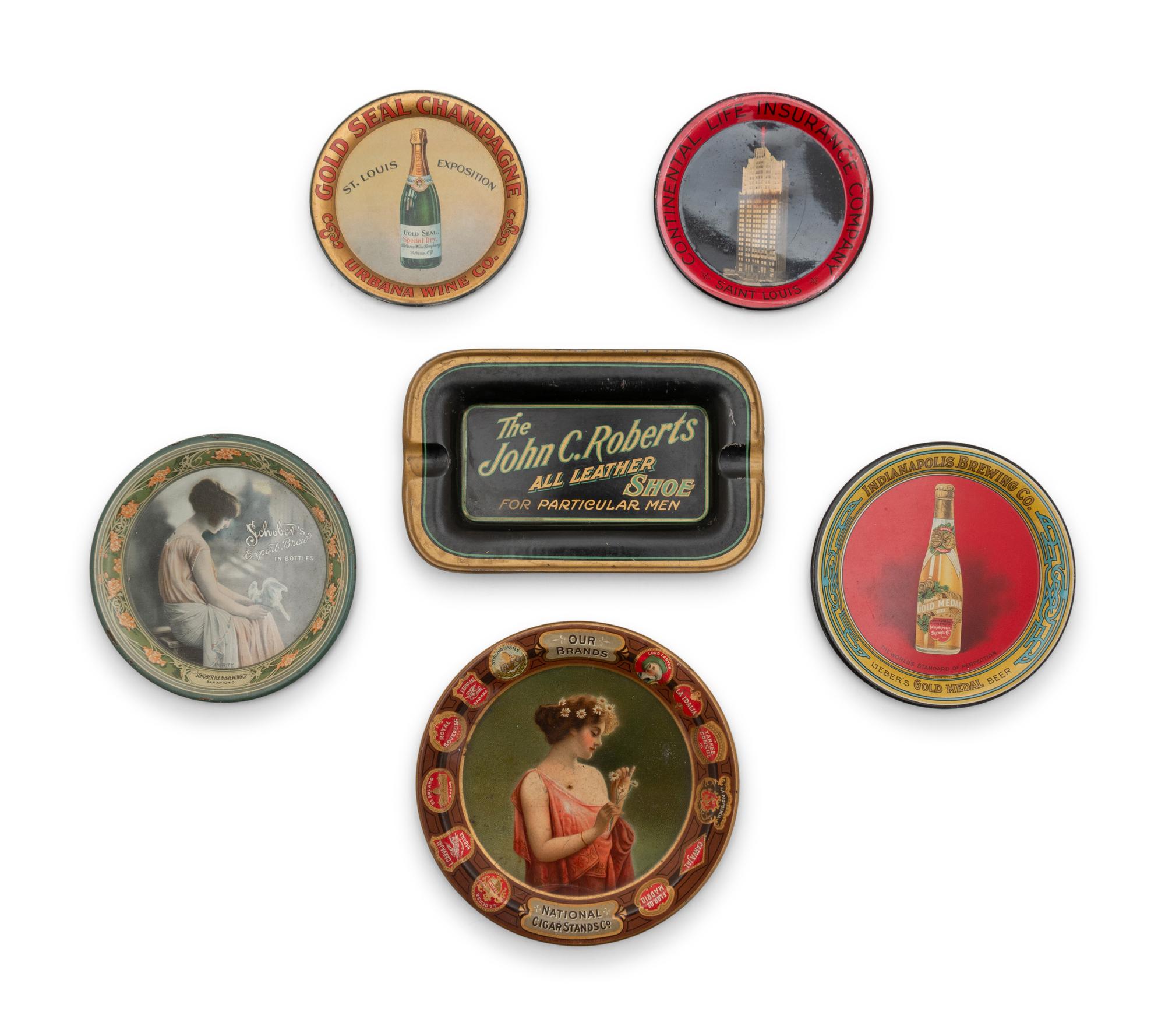 A Collection of Six Tin Lithographed Advertising Tip Trays