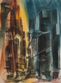 Earl W. Gessert, (Wisconsin, 1918-1996), Rooftops, Skyscrapers, Abstract and Urban Buildings (four works)