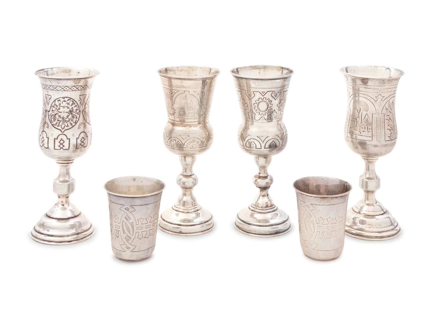 A Group of Four Russian Silver Kiddush Cups and Two Russian Silver Shot Glasses