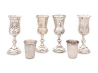 A Group of Four Russian Silver Kiddush Cups and Two Russian Silver Shot Glasses