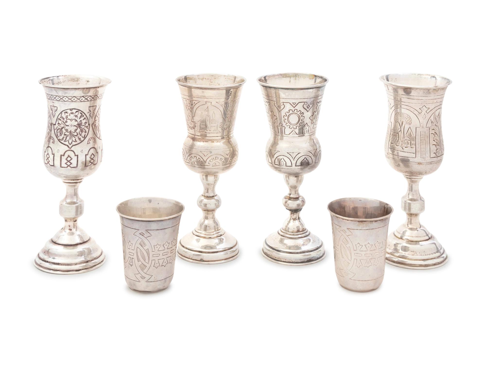 A Group of Four Russian Silver Kiddush Cups and Two Russian Silver Shot Glasses