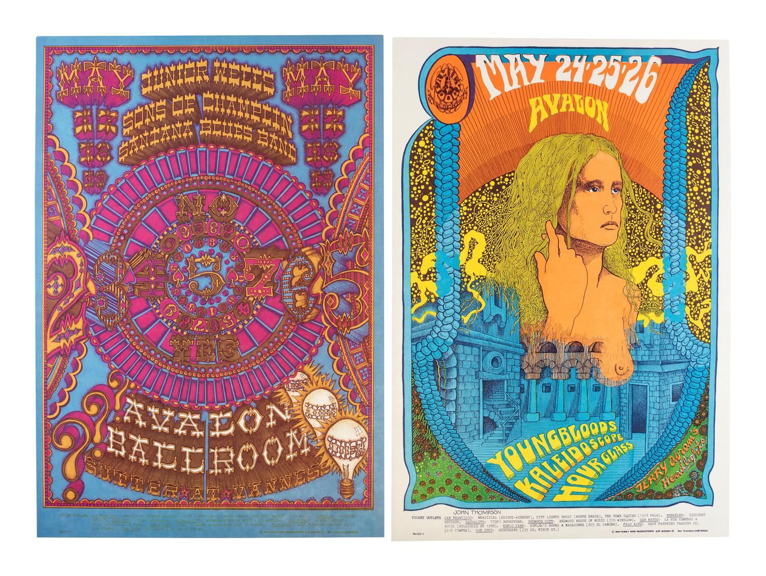 [MUSIC] -- [POSTERS]. LUNDGREN, Carl, SCHNEPF, Bob, HENRY, William S., THOMPSON, John, artists. A group of 8 Family Dog posters from 1968, comprising: