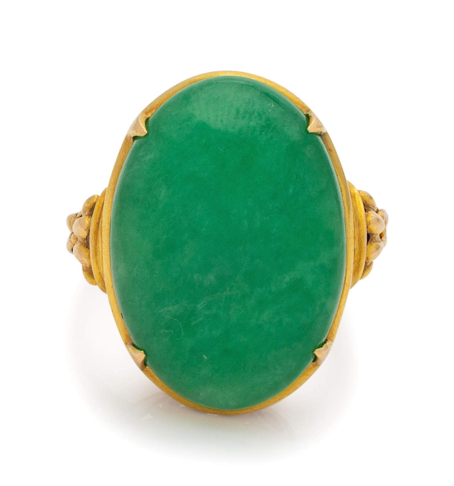 A 14 Karat Yellow Gold and Jade Ring,