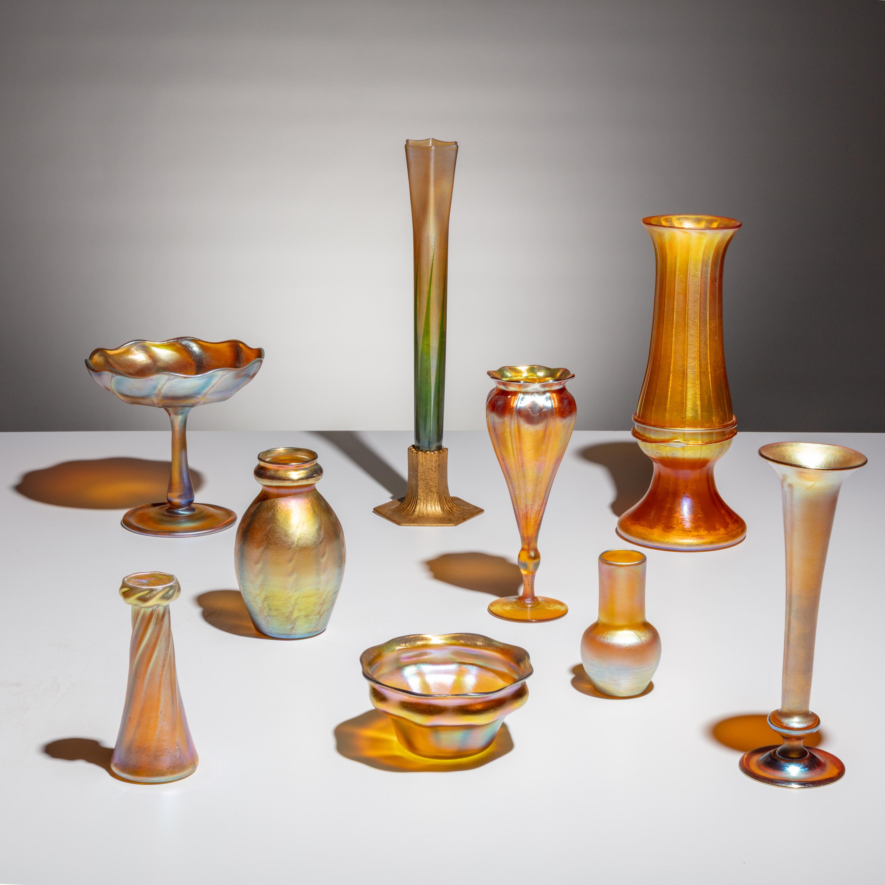 Tiffany Studios New York (American, 1895–1930) — Group of 9 Favrile Glass and Bronzeware Items