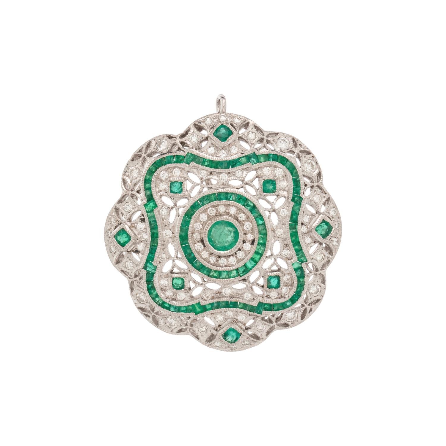 WHITE GOLD, EMERALD, AND DIAMOND BROOCH/PENDANT