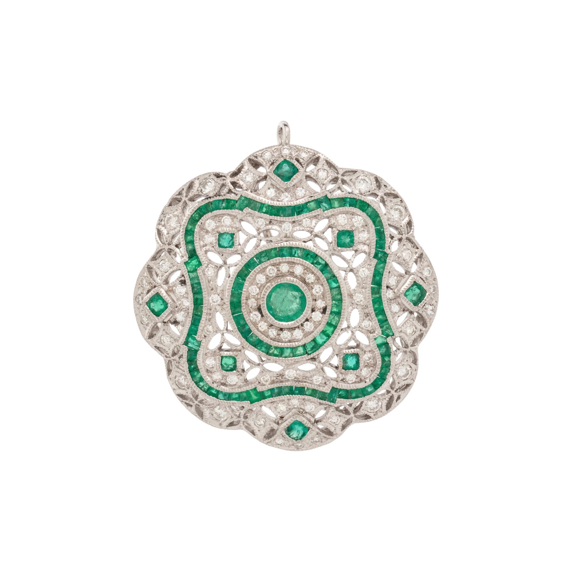 WHITE GOLD, EMERALD, AND DIAMOND BROOCH/PENDANT