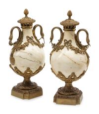 A Pair of Continental Gilt Bronze Mounted Marble Urns