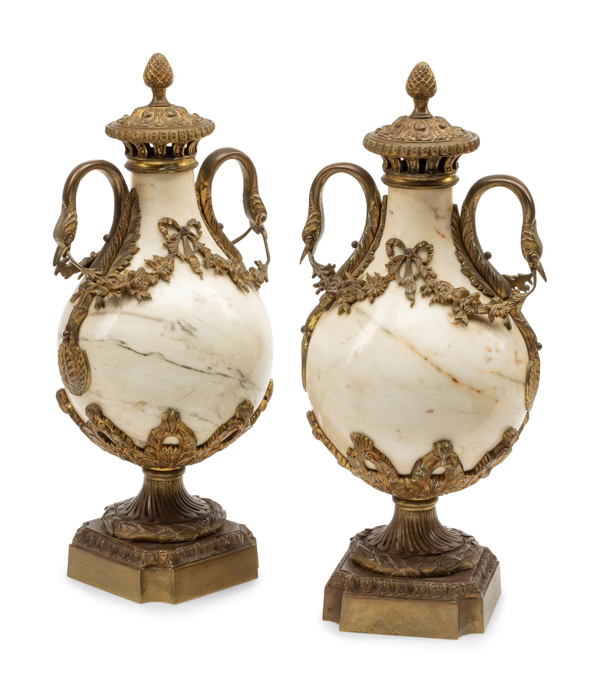 A Pair of Continental Gilt Bronze Mounted Marble Urns