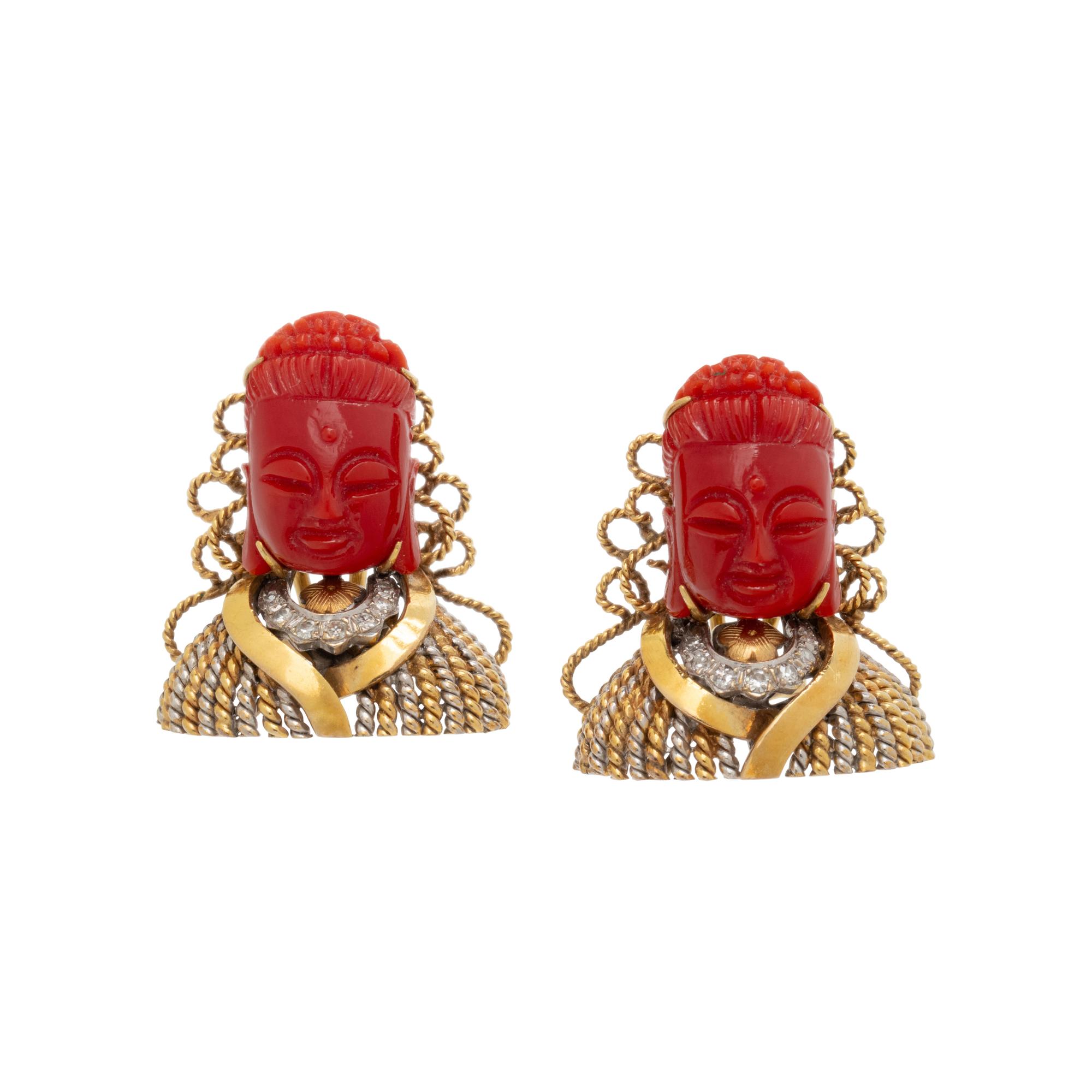 CARVED CORAL AND DIAMOND CLIP EARRINGS