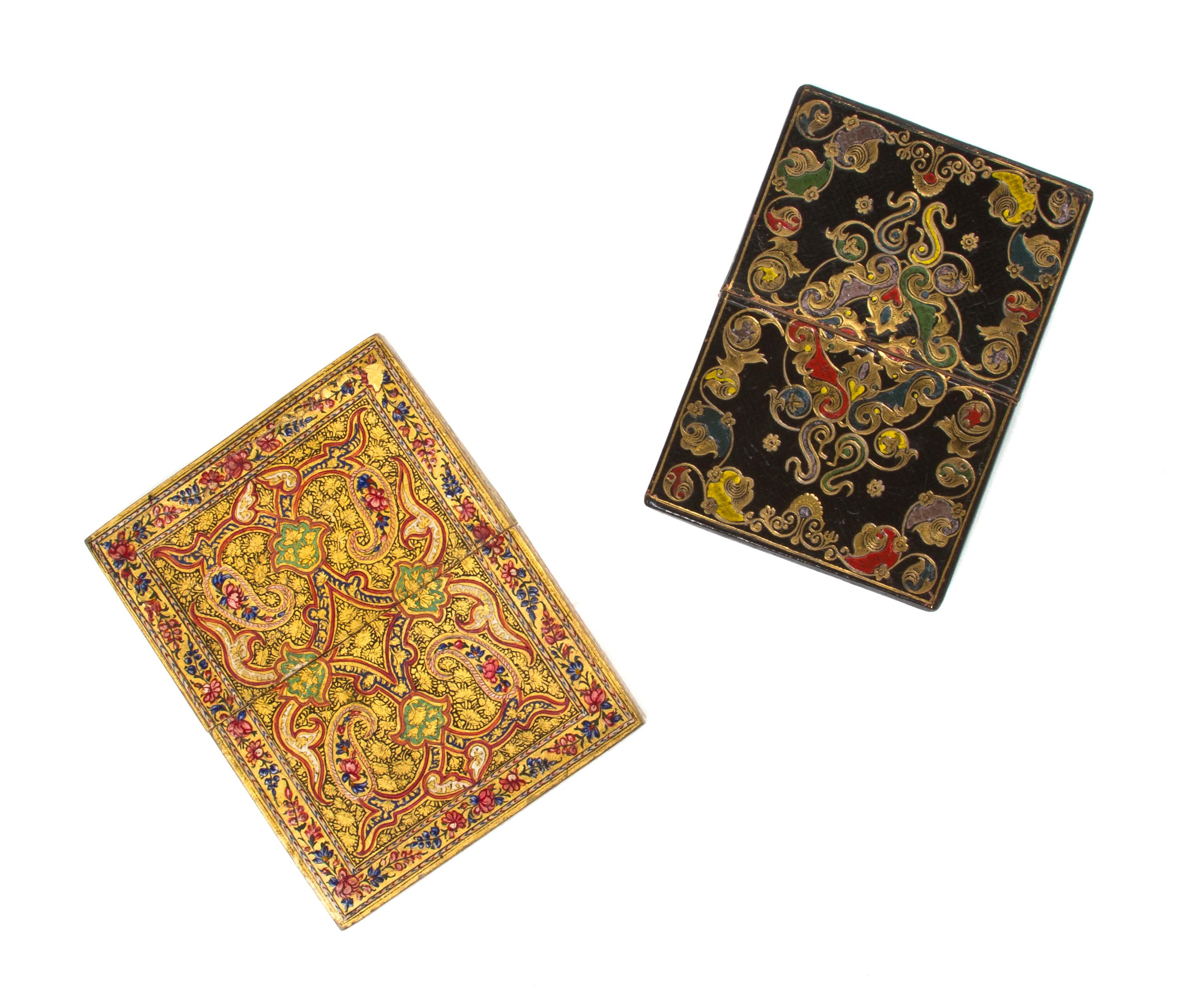 Two Tooled and Gilt Decorated Card Cases, Height of taller 3 7/8 inches.