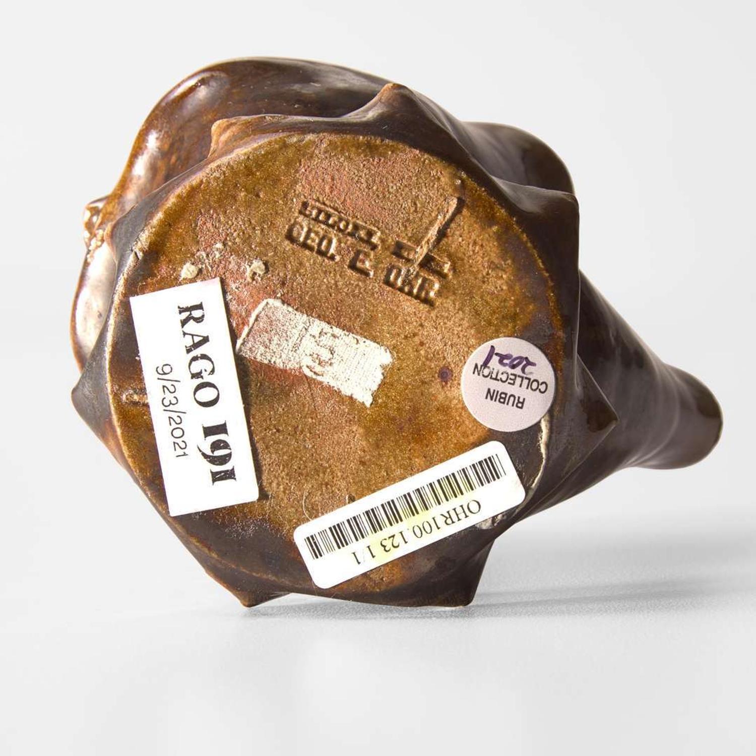 George Ohr (American, 1857-1918) Crumpled Pitcher with Attached Underplate in Mottled Brown Glaze, Biloxi, Mississippi, USA, circa 1895-1896