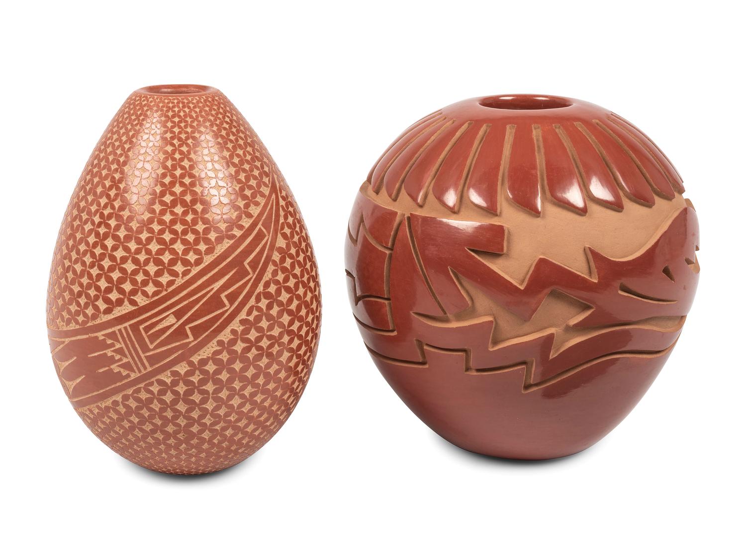 Carved Redware Pottery Jars
