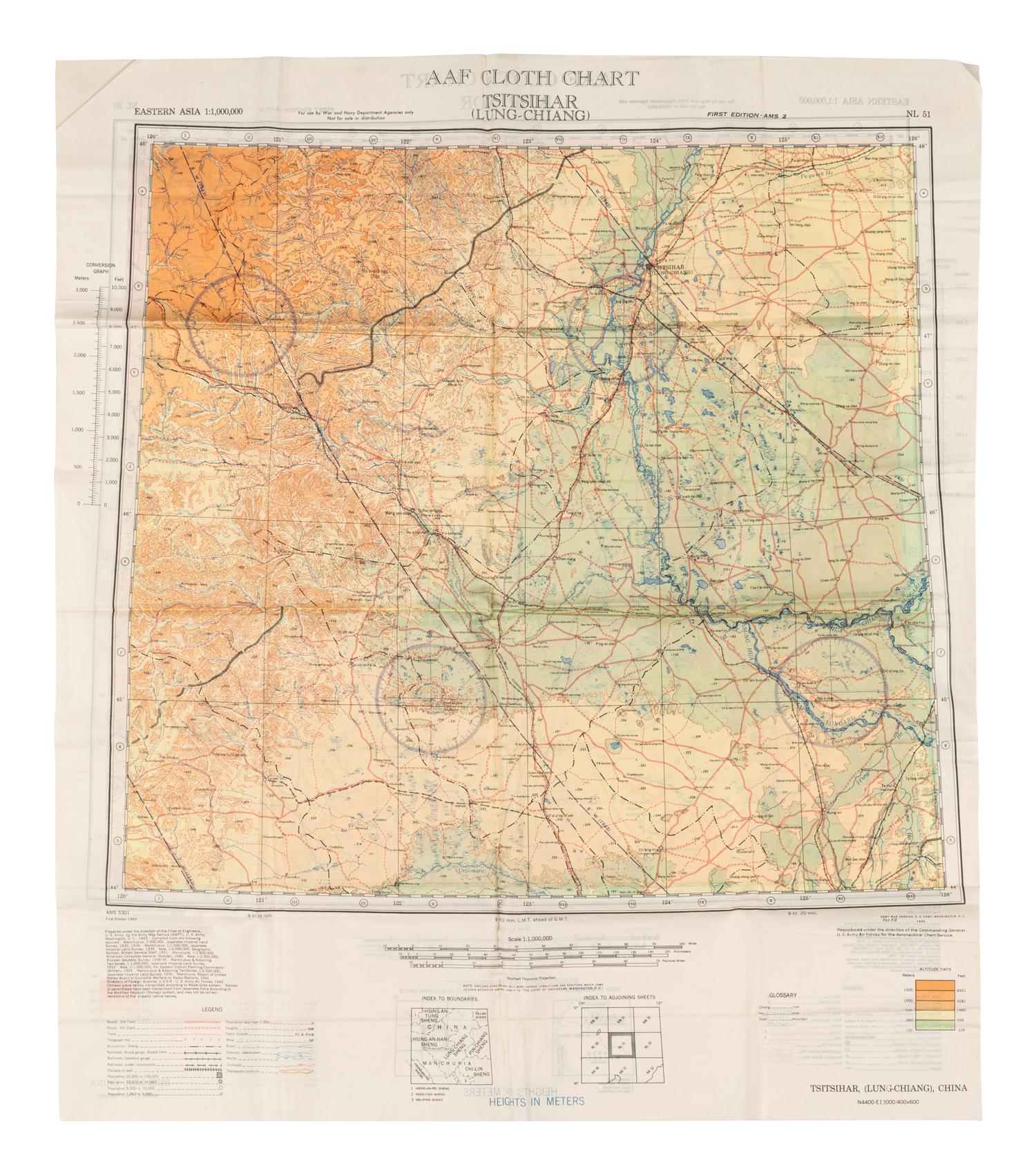 [ARMY AIR FORCE]. A group of World War II escape charts, all printed in Washington, D. C. on synthetic silk cloth, comprising: