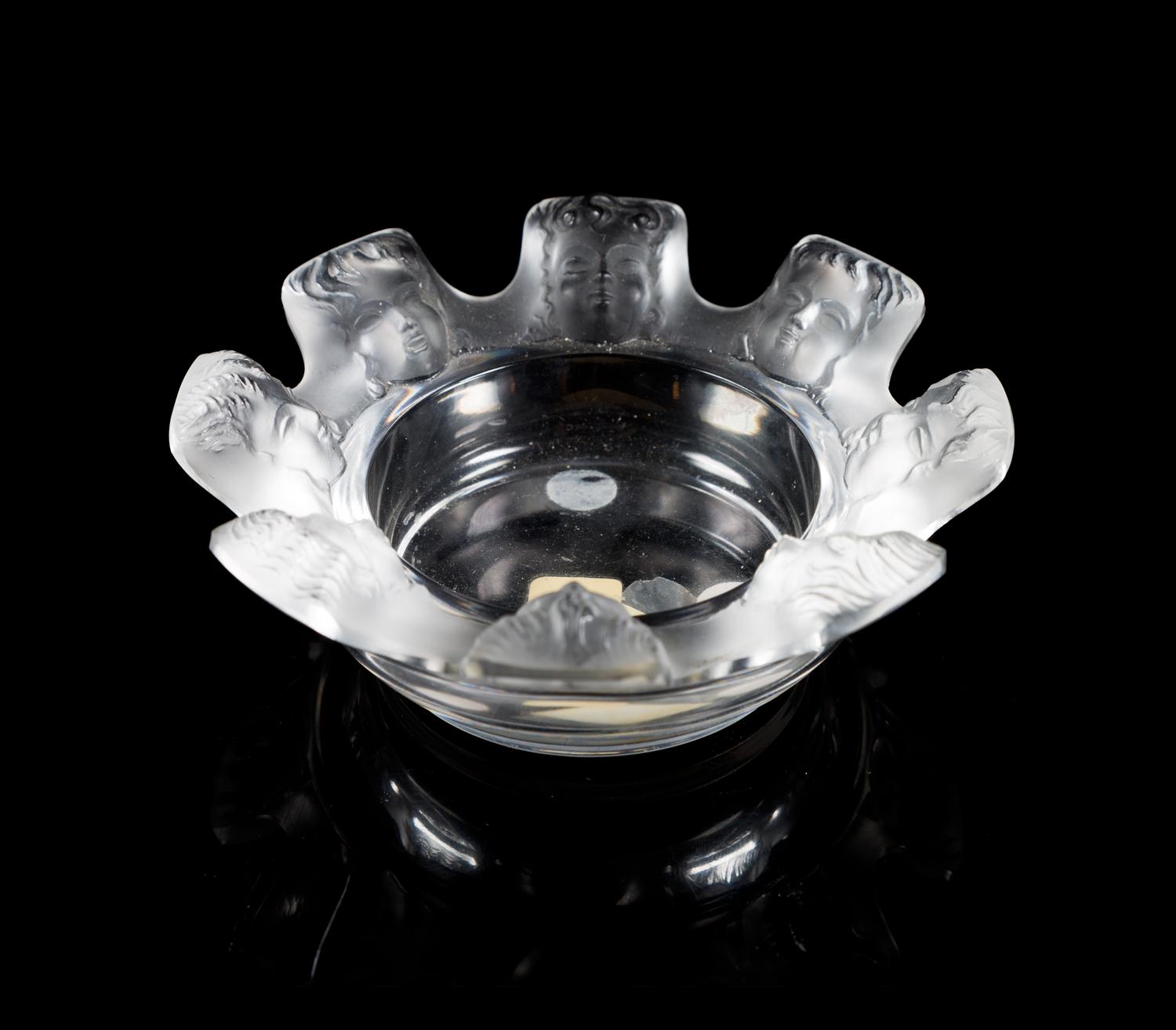Lalique, a Saint Nicholas pattern molded and frosted glass ash receiver