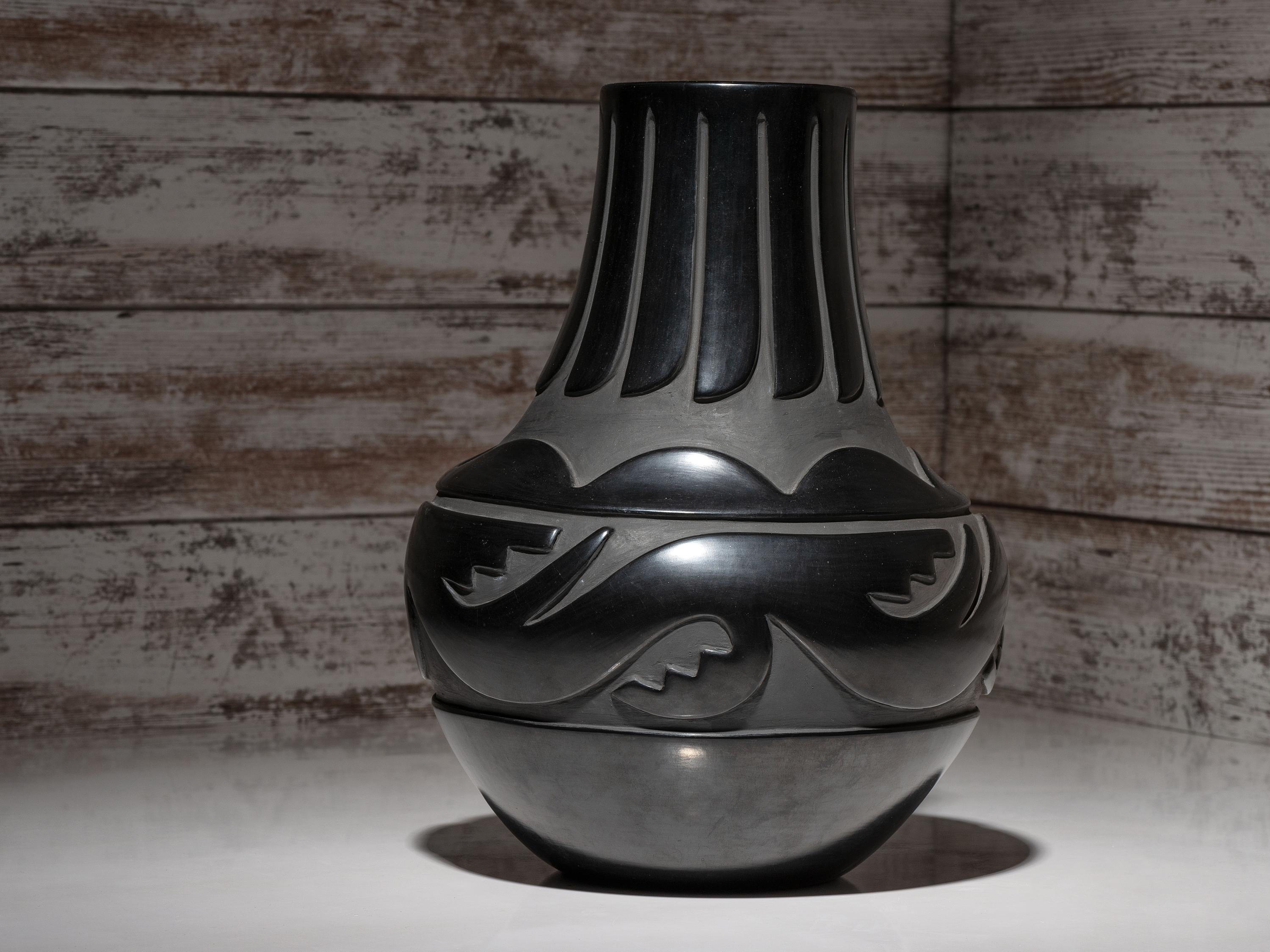 Carve Blackware Pottery Jar, with Avanyu