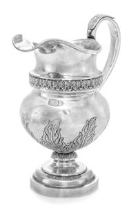 An American Coin Silver Pitcher, John B. Jones, Boston, MA, First-Half 19th Century, the baluster form body having an acanthus banded n