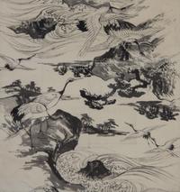 A Japanese Watercolor Fragment on Paper 16 x 15 1/8 inches. — 20TH CENTURY