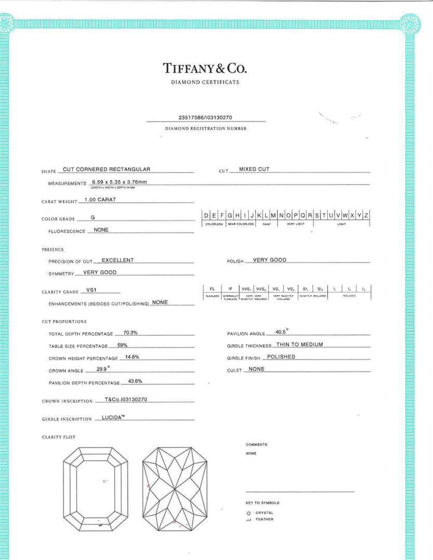 A Platinum and Aquamarine Ring with Tiffany Diamond 1.00 Carat Cut Cornered Rectangular Mixed Cut Diamond, Tiffany & Co.